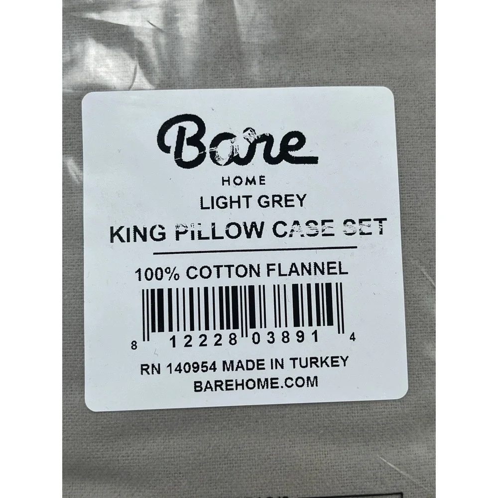 Bare‎ Home Set of 2 King Size Pillowcases in Light Grey, 100% Cotton Flannel NEW